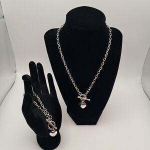 Vtg Premier Designs Silver ToneHeart Chain Necklace Bracelet Set Toggle Closure